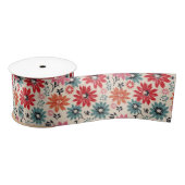 Retro Bloempatroon Rood Sinaasappel Blauw Satijnen Lint (Spoel)