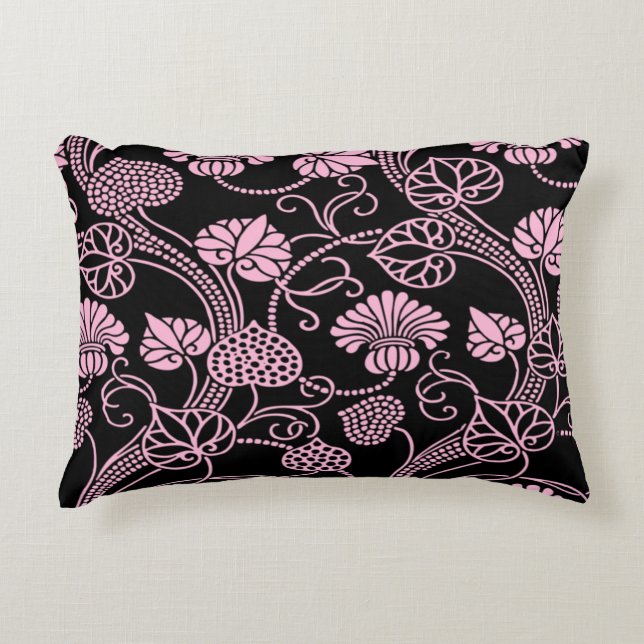 Retro bloempatroon roze op zwart accent kussen (Voorkant)