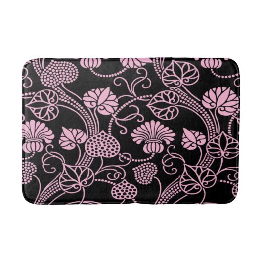 Retro bloempatroon roze op zwart badmat (Voorkant)
