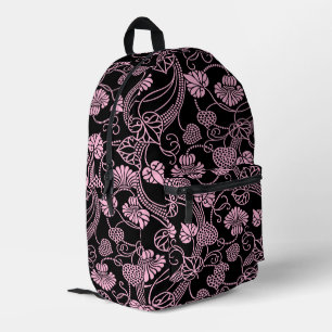 Retro bloempatroon roze op zwart bedrukte rugzak