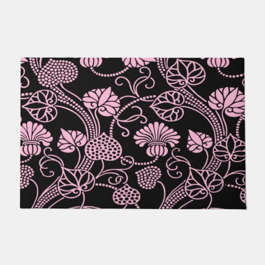 Retro bloempatroon roze op zwart deurmat (Voorkant)