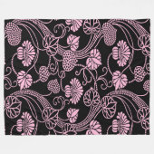 Retro bloempatroon roze op zwart fleece deken (Voorkant (Horizontaal))