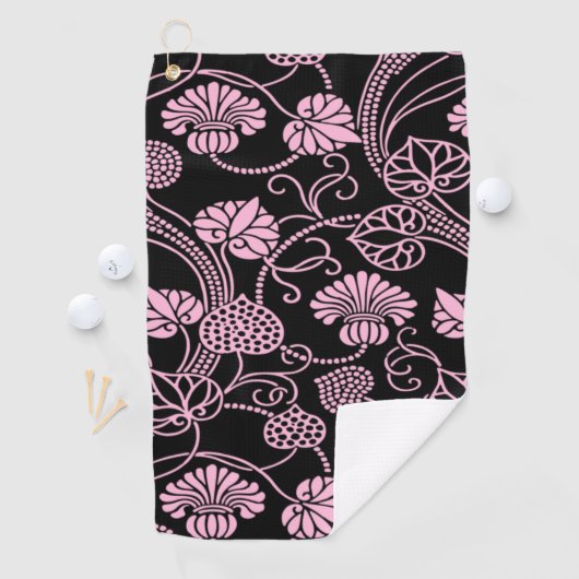 Retro bloempatroon roze op zwart golfhanddoek (Insitu)