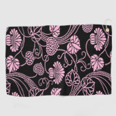 Retro bloempatroon roze op zwart golfhanddoek (Horizontaal)