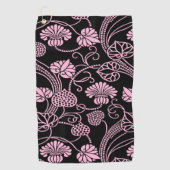 Retro bloempatroon roze op zwart golfhanddoek (Voorkant)