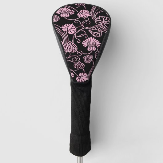 Retro bloempatroon roze op zwart golfheadcover (Voorkant)