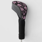 Retro bloempatroon roze op zwart golfheadcover (Schuin)