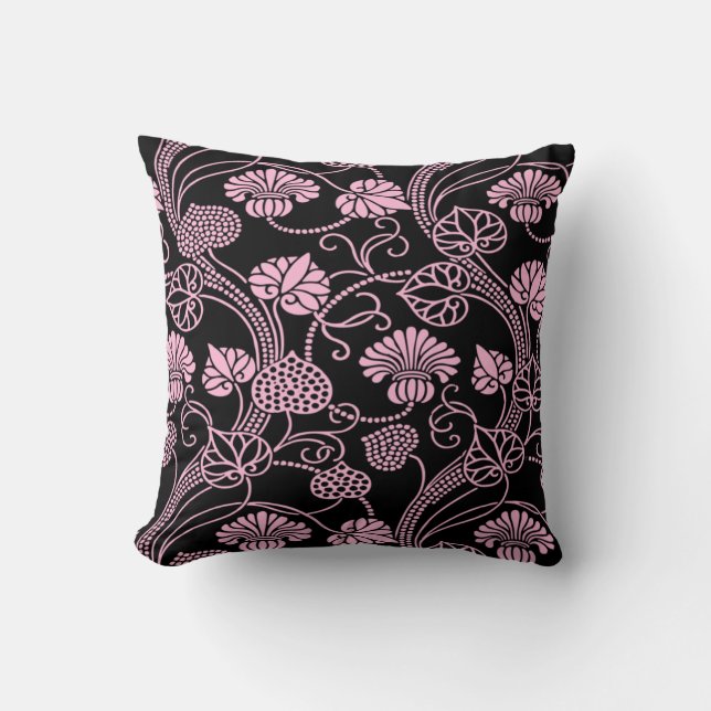 Retro bloempatroon roze op zwart kussen (Voorkant)