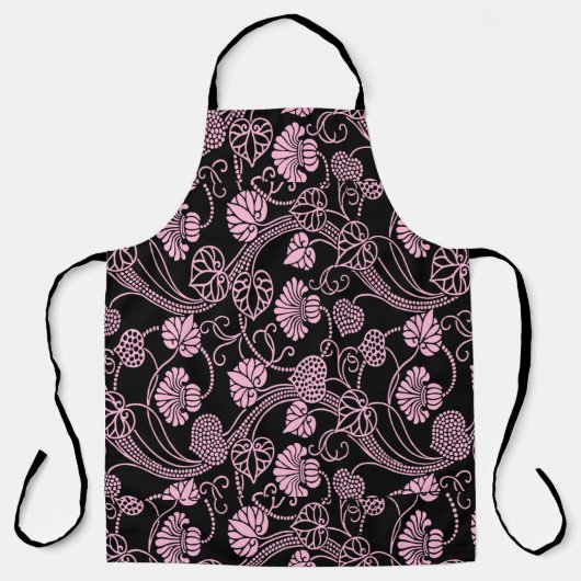 Retro bloempatroon roze op zwart schort (Voorkant)