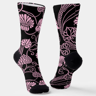 Retro bloempatroon roze op zwart sokken