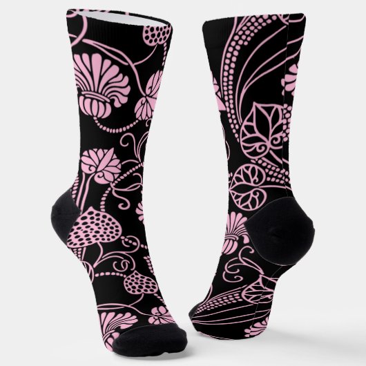 Retro bloempatroon roze op zwart sokken (Gebogen)