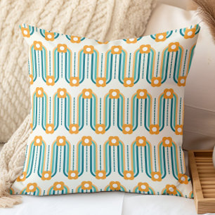 Retro Bloempatroon Turquoise Aqua Oranje Kussen