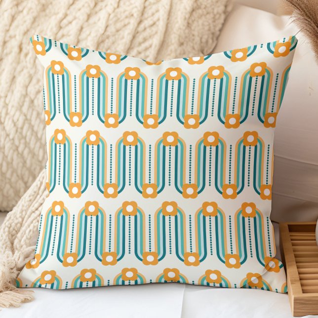 Retro Bloempatroon Turquoise Aqua Oranje Kussen (Creator heeft geüpload)