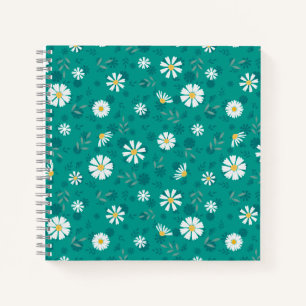 Retro bloempatroon. Witte madeliefjes op turquoise Notitieboek