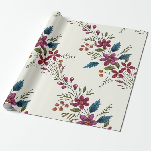 Retro Bloemrijke Kerst Cadeaupapier (Uitgerold)