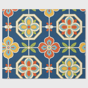 Retro bloemtegelpatroon Navyblauw Oranje & Goud Cadeaupapier