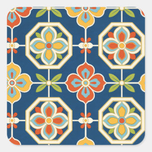 Retro Bloemtegelpatroon Vierkante Sticker