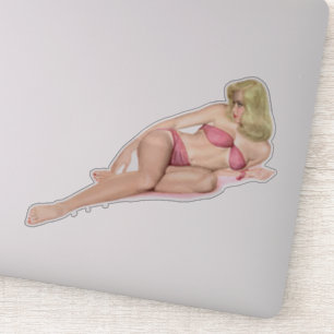 Retro Blonde Pin-up Girl in roze zwemmen Sticker