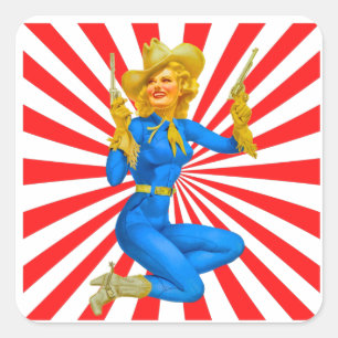 Retro Blonde Pin-up Girl in Westerne Boots Vierkante Sticker