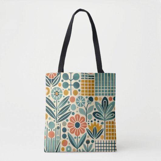 Retro Bloom Grid, florale canvas tas (Voorkant)
