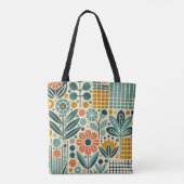 Retro Bloom Grid, florale canvas tas (Achterkant)