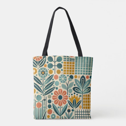 Retro Bloom Grid, florale canvas tas (Achterkant)