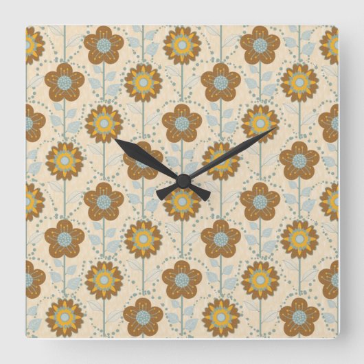Retro Bloom Harmony Baby Blue Mustard Vierkante Klok (Voorkant)