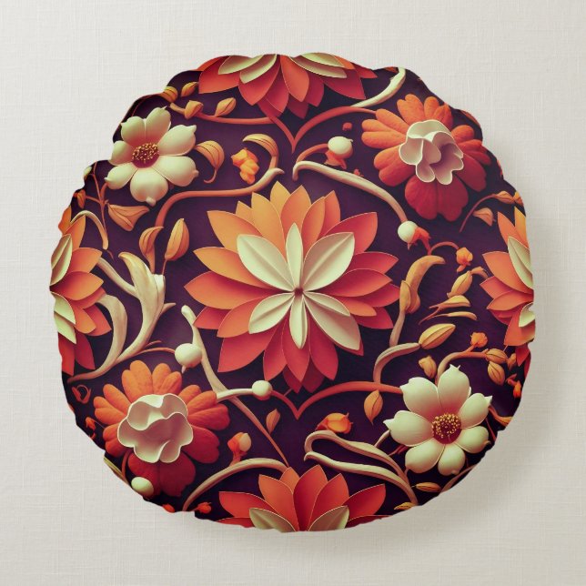 "Retro Bloom - Naadloos Bloemenpatroon Rond Kussen (Voorkant)