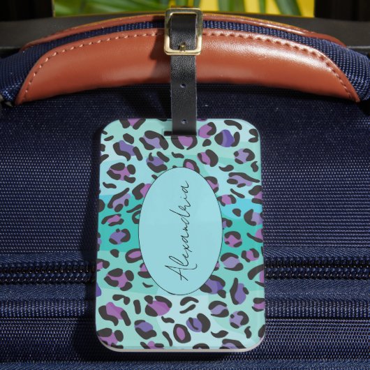 Retro Blue and Purple Leopard Print Bagagelabel (Voorkant Insitu 2)