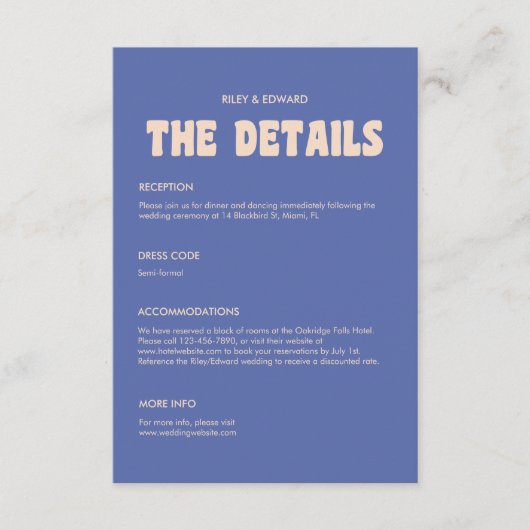 Retro Blue & Beige Bold Typography Wedding Details Informatiekaartje (Voorkant)