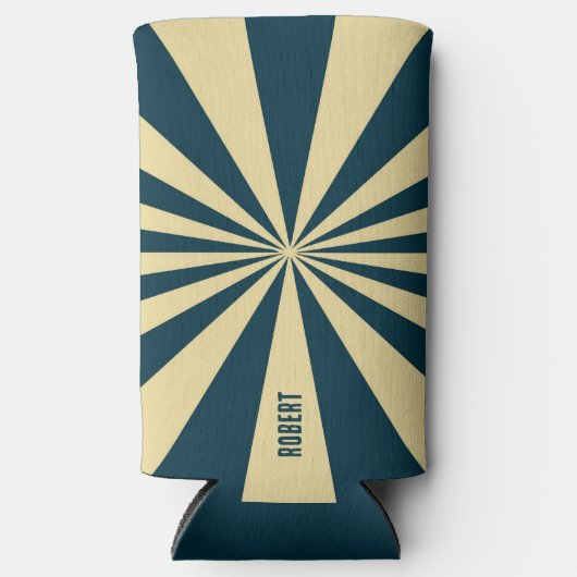 Retro Blue &Beige Stripes Script Minimalist Name Seltzer Blikjeskoeler (Voorkant)