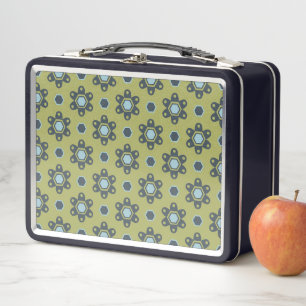 Retro Blue & Black Daisies op Green Floral Pattern