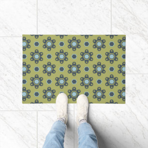 Retro Blue & Black Daisies op Green Floral Pattern Deurmat