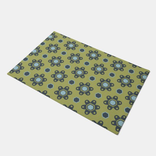 Retro Blue & Black Daisies op Green Floral Pattern Deurmat (Schuin)