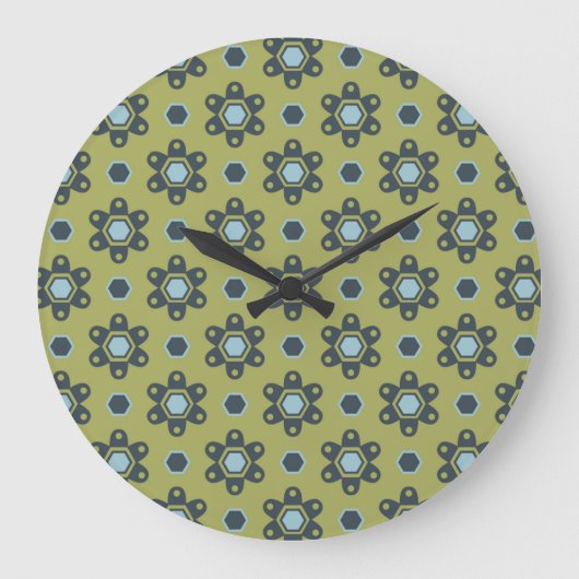 Retro Blue & Black Daisies op Green Floral Pattern Grote Klok (Voorkant)