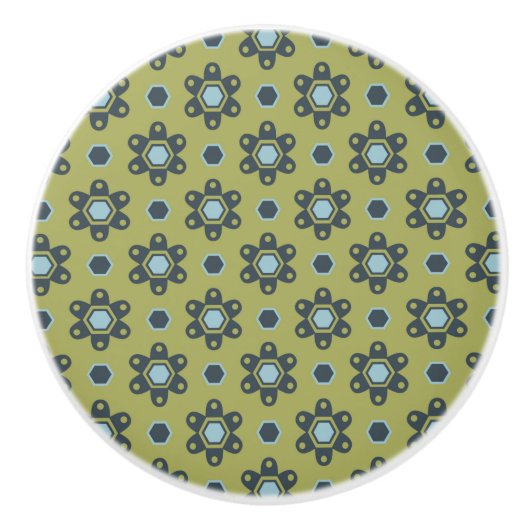 Retro Blue & Black Daisies op Green Floral Pattern Keramische Knop (Voorkant)