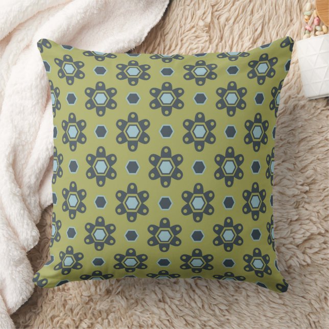 Retro Blue & Black Daisies op Green Floral Pattern Kussen (Deken)