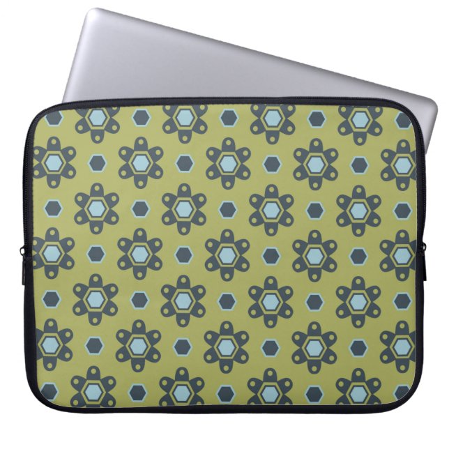 Retro Blue & Black Daisies op Green Floral Pattern Laptop Sleeve (Voorkant)