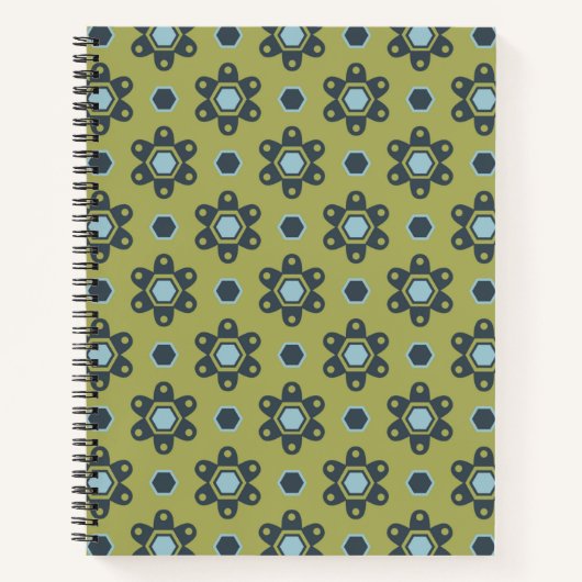 Retro Blue & Black Daisies op Green Floral Pattern Notitieboek (Voorkant)