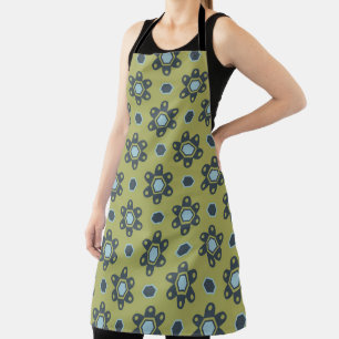 Retro Blue & Black Daisies op Green Floral Pattern Schort