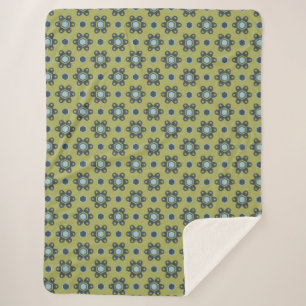 Retro Blue & Black Daisies op Green Floral Pattern Sherpa Deken
