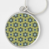 Retro Blue & Black Daisies op Green Floral Pattern Sleutelhanger (Voorkant)