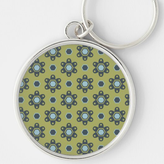 Retro Blue & Black Daisies op Green Floral Pattern Sleutelhanger (Voorkant)