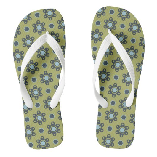 Retro Blue & Black Daisies op Green Floral Pattern Teenslippers (Voetbed)