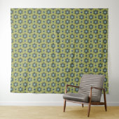 Retro Blue & Black Daisies op Green Floral Pattern Wandkleed (In Situ (horizontaal))