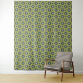 Retro Blue & Black Daisies op Green Floral Pattern Wandkleed (In situ)
