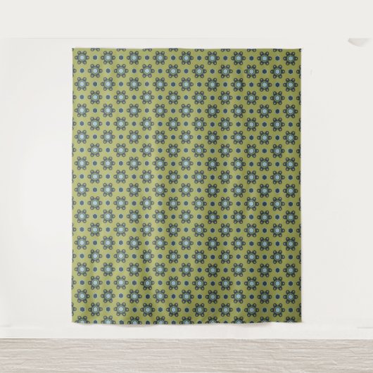 Retro Blue & Black Daisies op Green Floral Pattern Wandkleed (Voorkant)