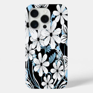 Retro Blue Black en White Floral Pattern iPhone 15 Pro Case