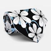 Retro Blue Black en White Floral Pattern Stropdas (Opgerold)