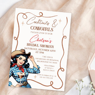 Retro Blue Brown Cocktails Cowgirls Vrijgezellenfe Kaart